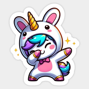 Cute Kawaii Dabbing Unicorn Wearing Easter Bunny Costume Sticker